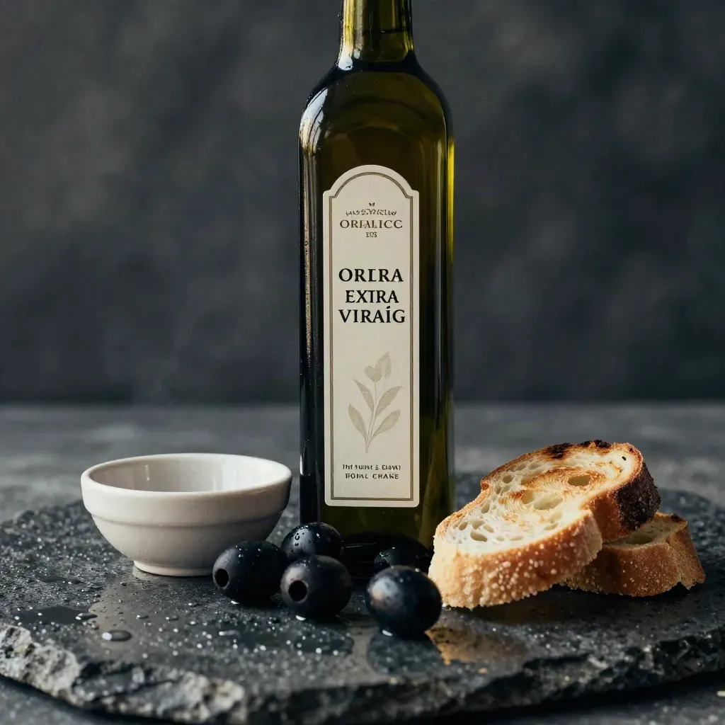 Bottiglia di olio bio, olive nere, ciotolina in ceramica e pane su pietra bagnata.