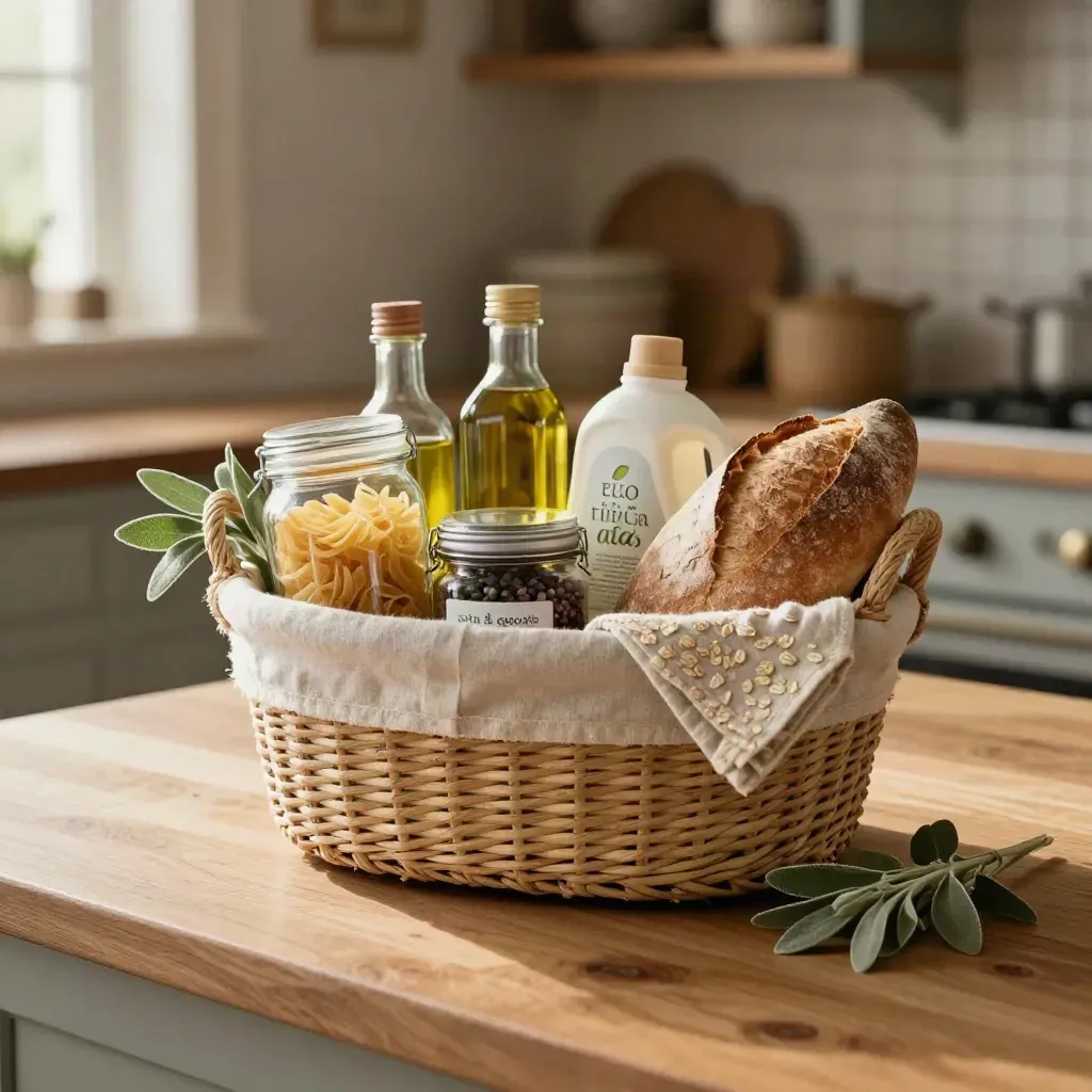 Cesto bio famigliare con pasta, olio, legumi, detergente eco e pane rustico su isola calda.