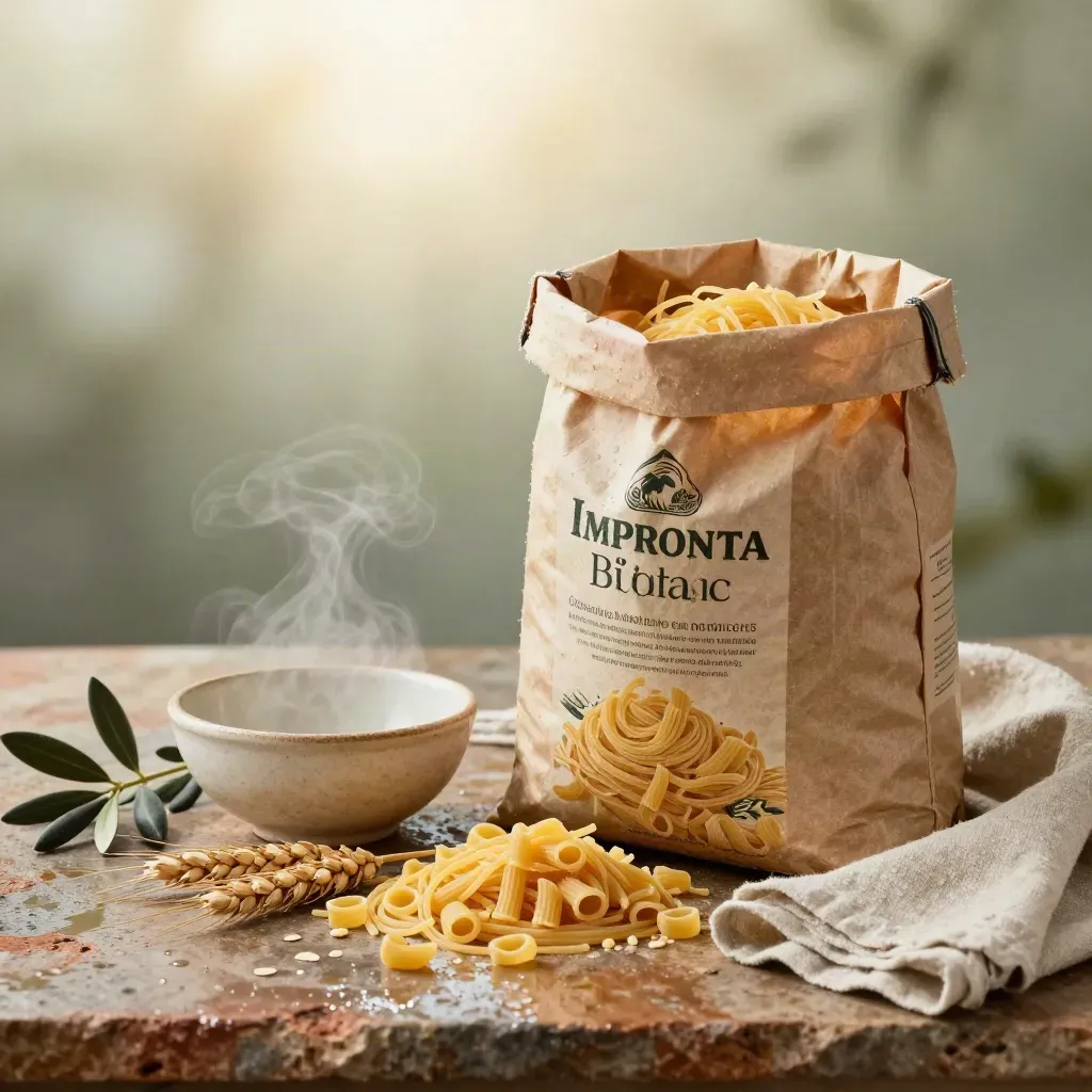 Sacco kraft di pasta bio con spaghetti e rigatoni, spighe di grano, ciotola grezza e ramo d’olivo su lino umido.
