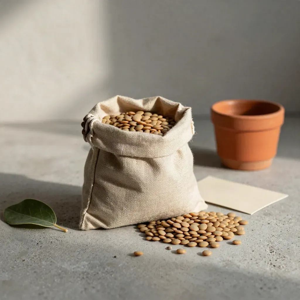 Sacchetto di lenticchie bio con alloro, cipolla e ciotola in terracotta su concreto chiaro.