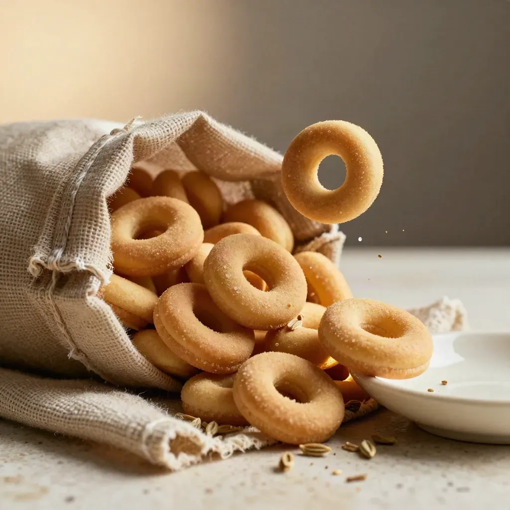 Sacchetto di taralli integrali bio con taralli impilati e semi di finocchio su travertino.