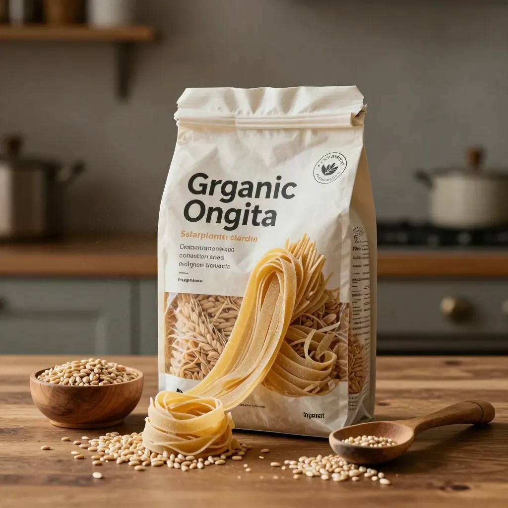 Pacco di pasta di farro bio con chicchi, ciotola di legno e mestolo su fondo caldo.
