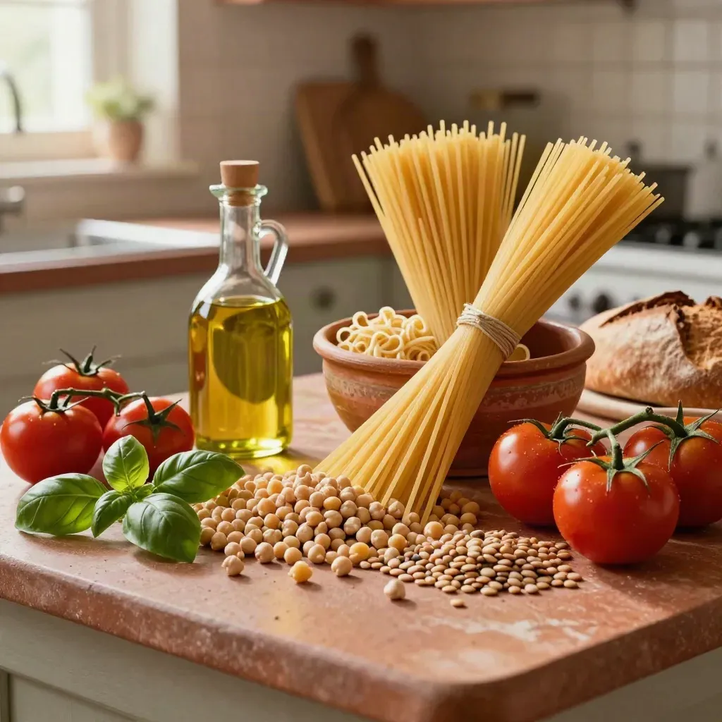 Set cucina bio con pasta, olio, legumi, pomodori e basilico su terracotta, luce calda.