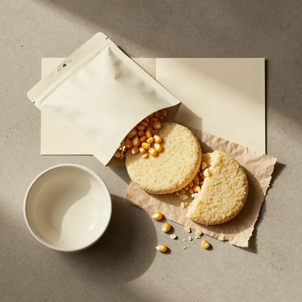 Flatlay dall’alto di confezione di gallette di mais bio con gallette spezzate e chicchi.