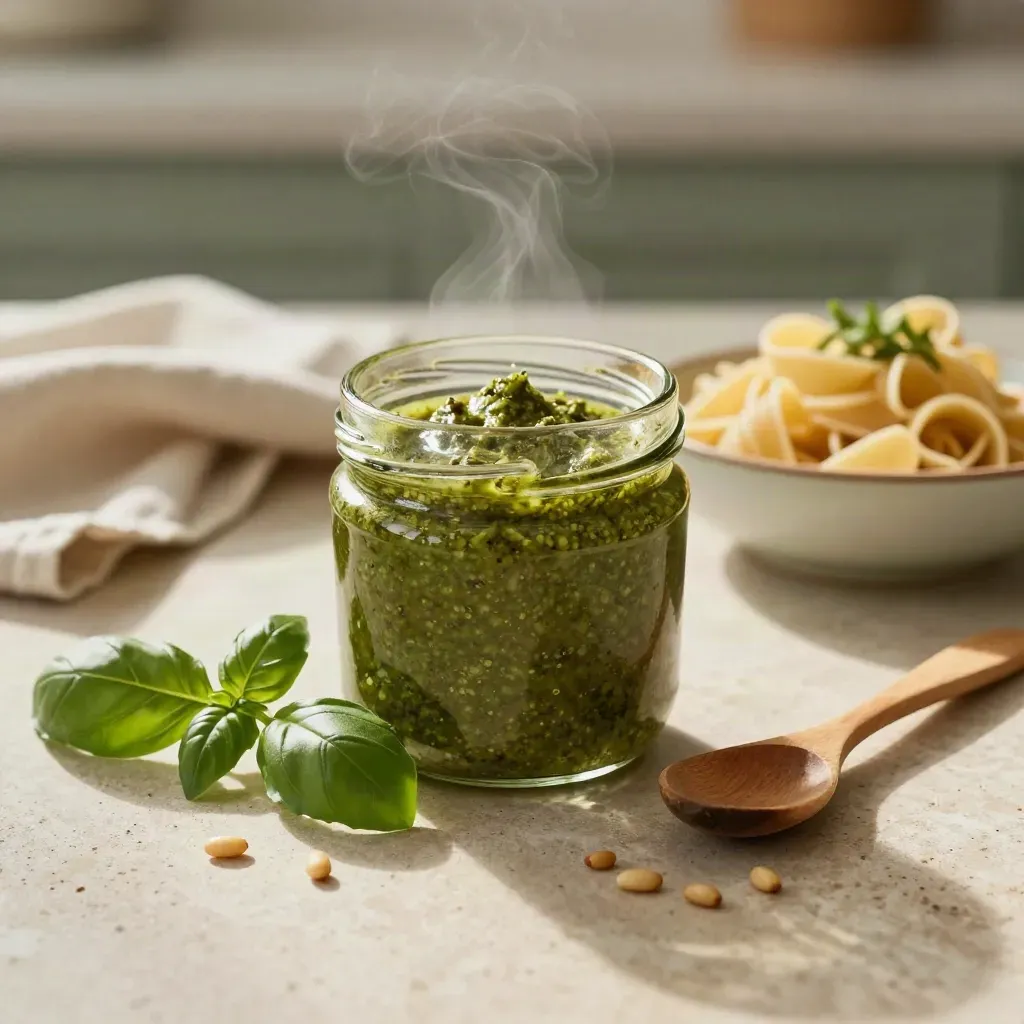 Vasetto di pesto bio con basilico, pinoli e pasta corta su piano chiaro, luce naturale morbida
