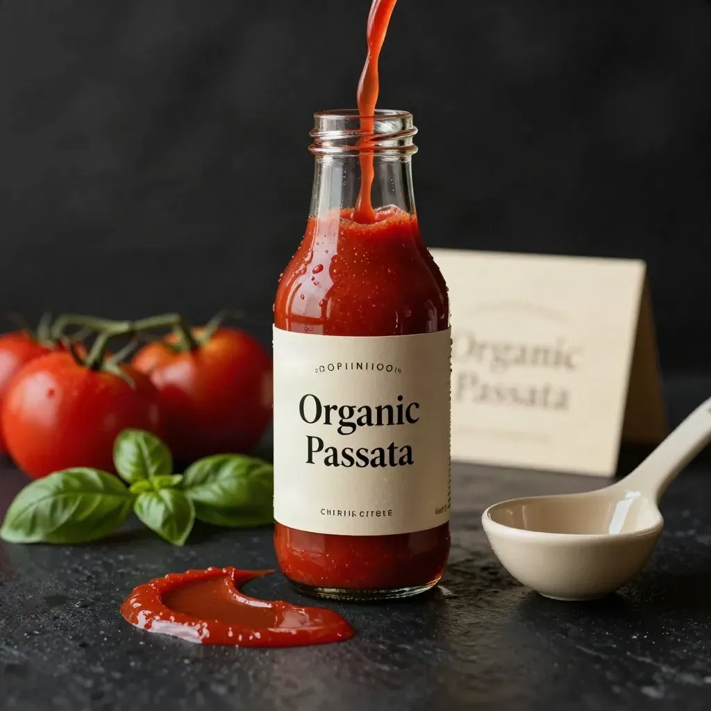 Bottiglia di passata bio con pomodori, basilico e mestolo su fondo scuro drammatico.