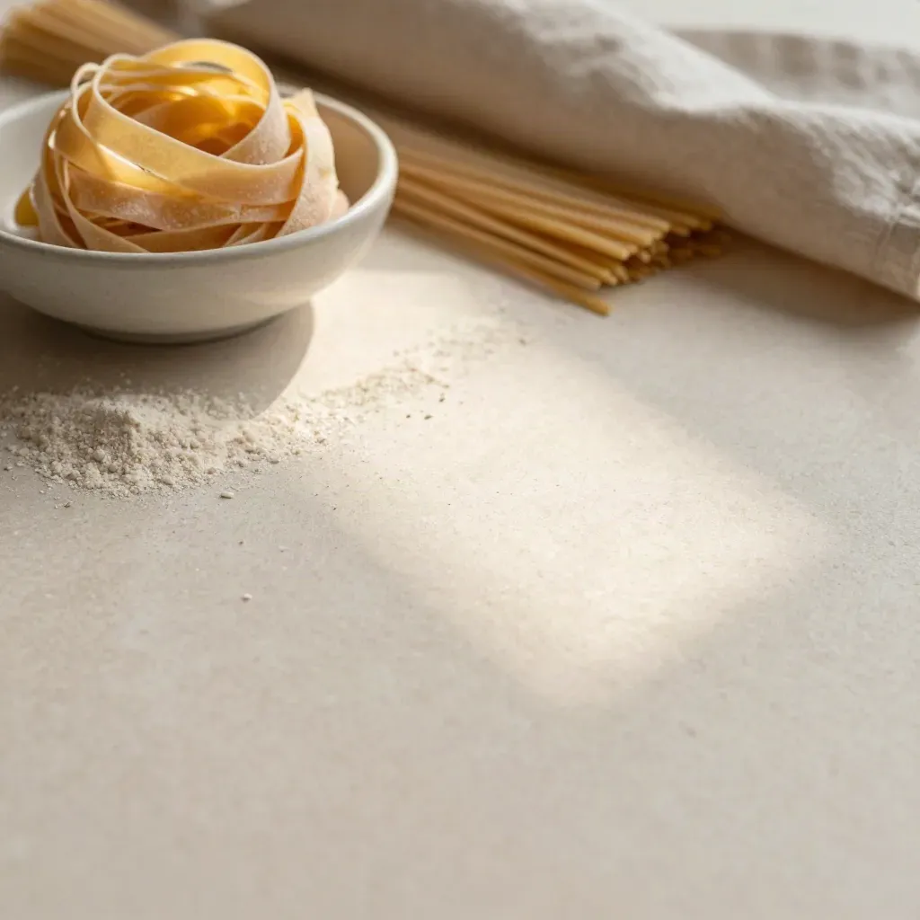 Travertino crema con pasta sfocata, ciotola e lino in alto, luce mattutina morbida.