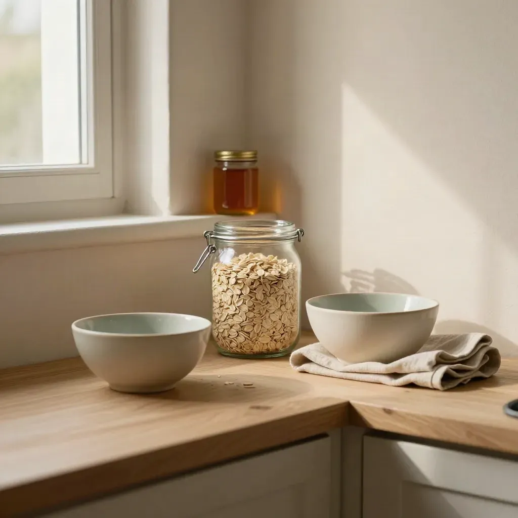 Angolo colazione bio luminoso con mensola in legno, ciotole in ceramica e barattolo d’avena sfocato.