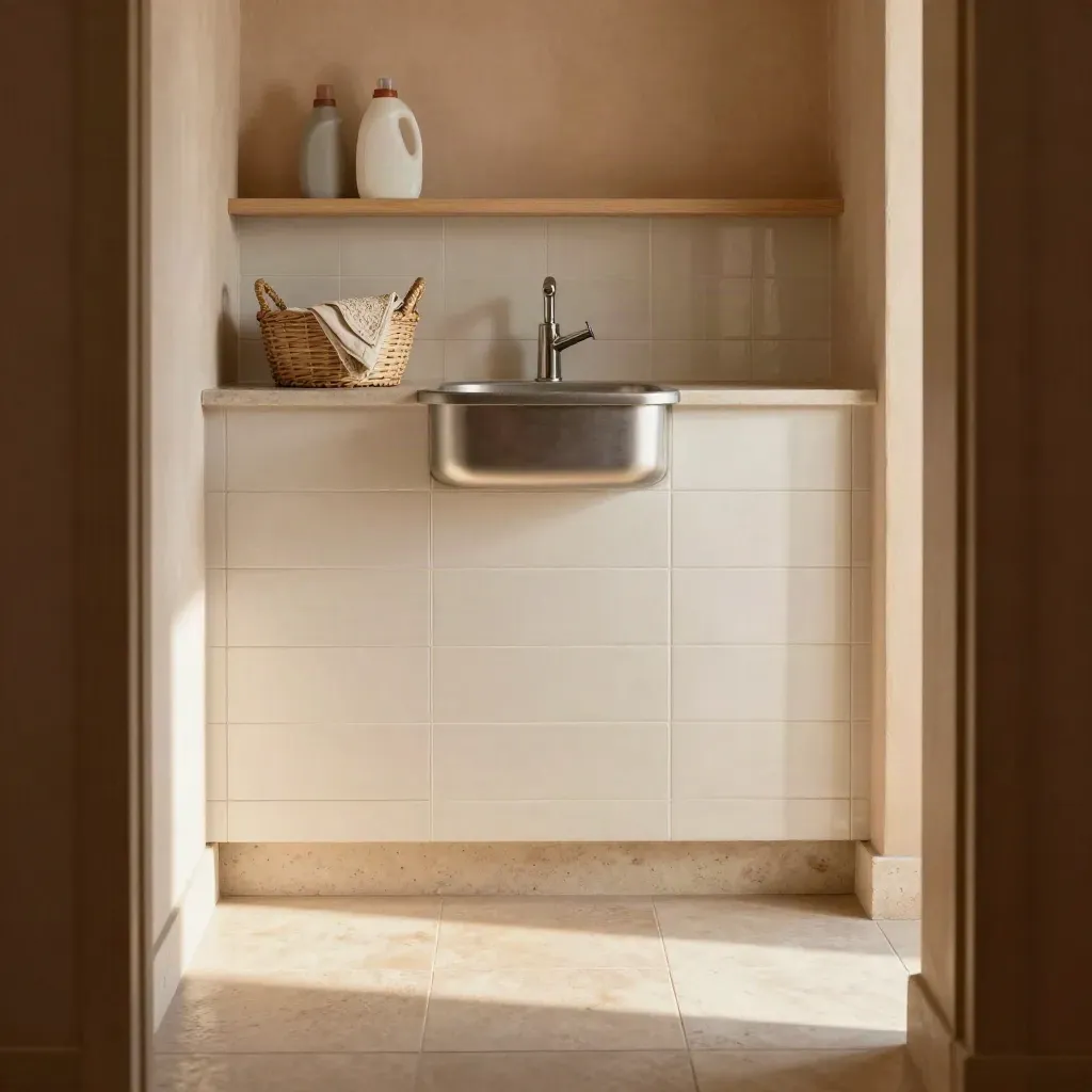 Angolo utility pulito con lavello in metallo, cesta intrecciata e luce obliqua del pomeriggio.